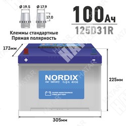NORDIX Nordix аккумулятор 125d31r 100ah 830а необслуживаемый