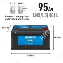 NORDIX Акб nordix agm 95 ah lобр ln5/l5h8 l сса 850а 353*175*190 необслуж. 1/60