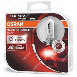 OSRAM Комплект ламп h4 12v 60/55w p43t night breaker silver +100% больше света 2шт.1к-т